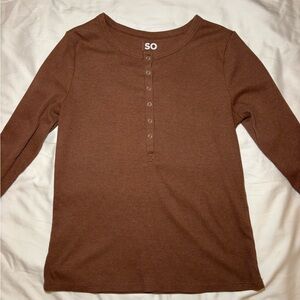 SO Womens Long Sleeve Y2K Henley Top, Size XL, Brown, Ribbed, Preppy, Layers